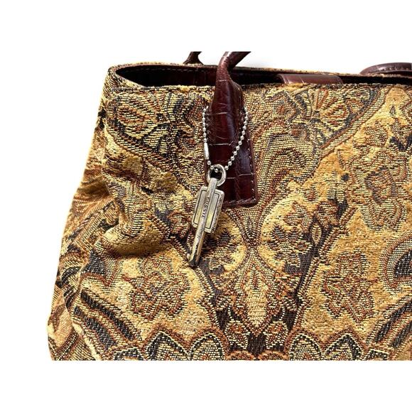 Vintage Fossil Floral Tapestry Carpet Handbag Purse Leather Satchel Boho - Picture 2 of 10